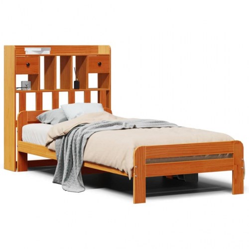 Seng med reol uden madras 75×190 cm - massivt fyrretræ, gyldenbrun