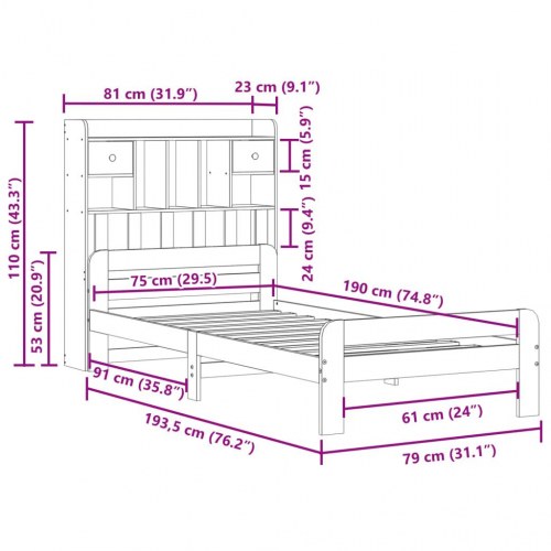 Seng med reol uden madras 75×190 cm - massivt fyrretræ, gyldenbrun