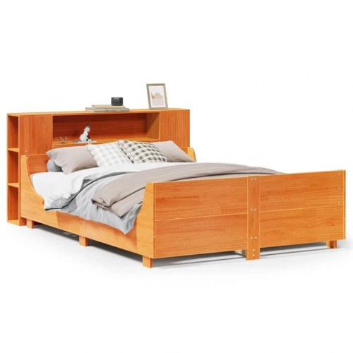 Sengeramme uden madras 135x190 cm - massivt fyrretræ, gyldenbrun, med opbevaringsgavl