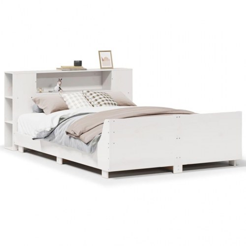 Sengeramme 140x190 cm med sengegavl og opbevaring - massivt fyrretræ, hvid