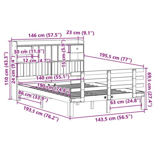 Seng med reol 140x190 cm - massivt fyrretræ, hvid