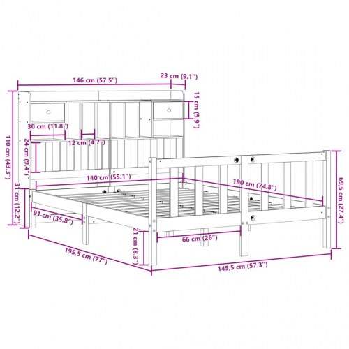 Seng med reol uden madras 140x190 cm massivt fyrretræ hvid