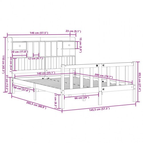 Seng med reol 140x200 cm - massivt fyrretræ, uden madras