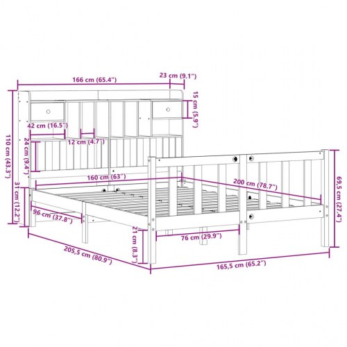 Seng med reol 160x200 cm i massivt fyrretræ hvid