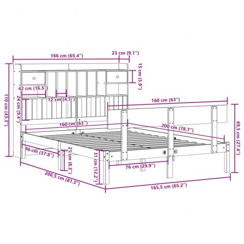 Seng med reol 160x200 cm - massivt fyrretræ, hvid