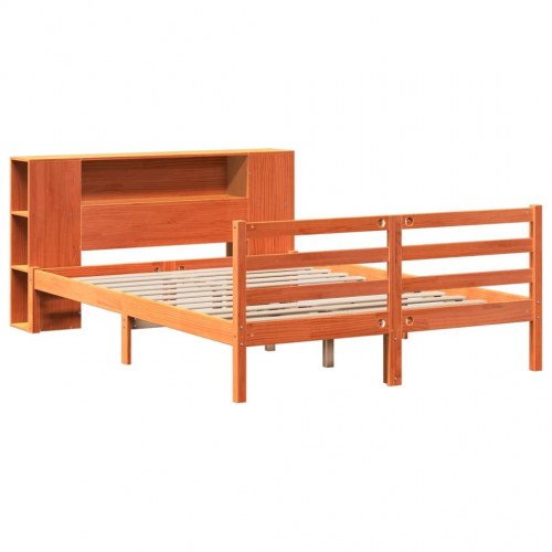 Seng med reol uden madras 140x190 cm i massivt fyrretræ gyldenbrun
