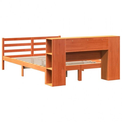 Seng med reol uden madras 140x190 cm i massivt fyrretræ gyldenbrun
