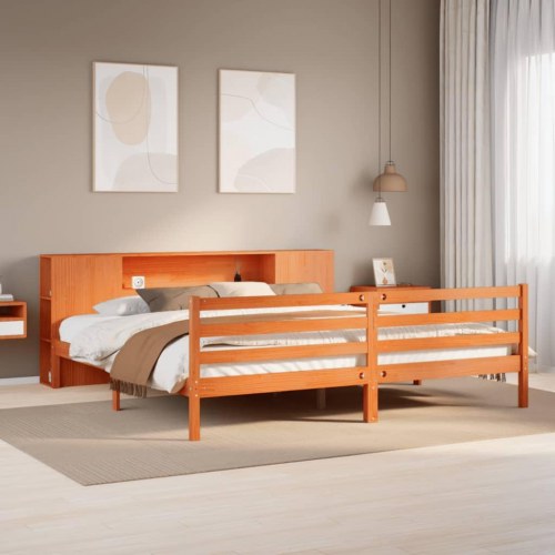 Seng med reol 200×200 cm i massivt fyrretræ - gyldenbrun