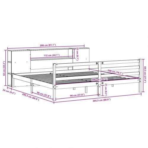 Seng med reol 200×200 cm i massivt fyrretræ - gyldenbrun