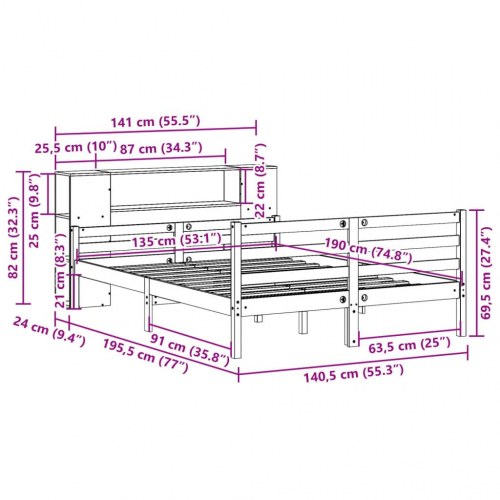 Seng med reol uden madras 135x190 cm - massivt fyrretræ