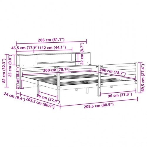 Seng med reol uden madras 200x200 cm massivt fyrretræ