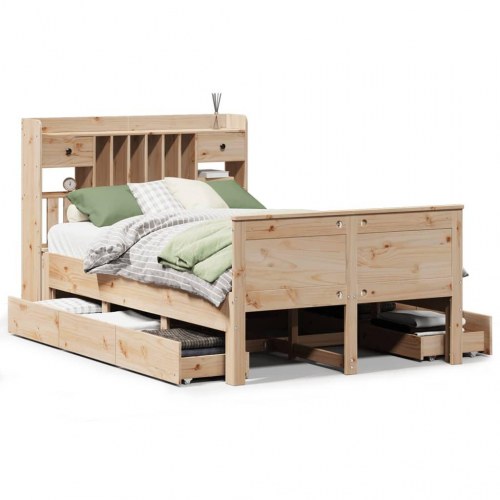 Seng med reol 135x190 cm - massivt fyrretræ, med skuffer og lamelbund