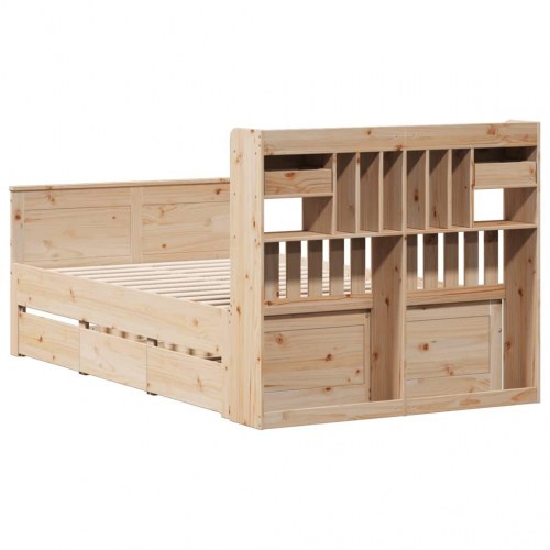 Seng med reol 135x190 cm - massivt fyrretræ, med skuffer og lamelbund