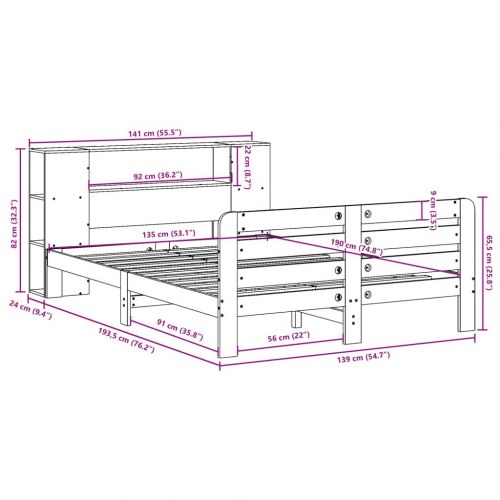 Sengeramme med opbevaringsgavl 135x190 cm - massivt fyrretræ, hvid