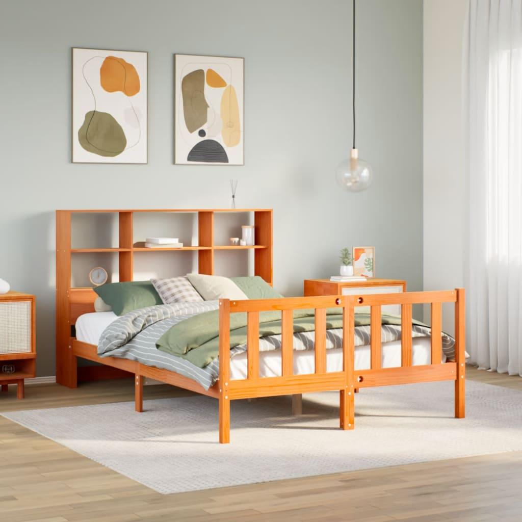 vidaXL seng med reol uden madras 135x190cm massivt fyrretræ gyldenbrun