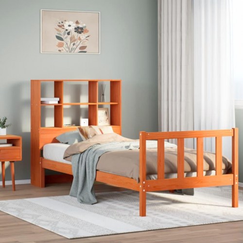Seng med reol uden madras 100×200 cm - massivt fyrretræ, gyldenbrun