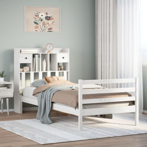 Seng med reol 75x190 cm i massivt fyrretræ hvid