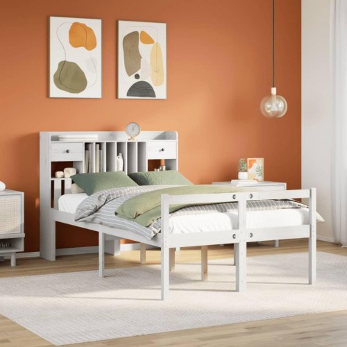 Seng med reol uden madras 135x190 cm - massivt fyrretræ, hvid