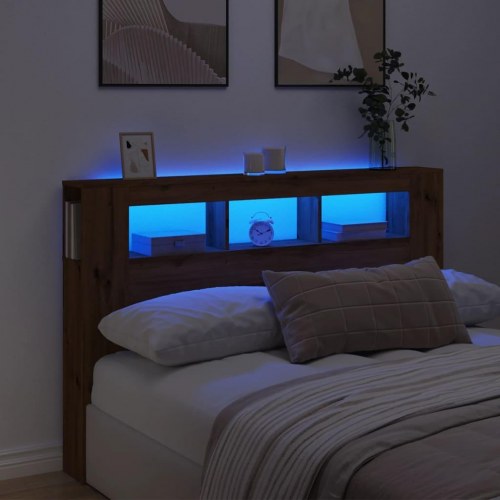 Sengegavl med LED-lys 160 × 18,5 × 103,5 cm - konstrueret træ, kunsteg
