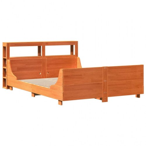 Sengeramme 140x190 cm i massivt fyrretræ - gyldenbrun med sengegavl og hylder