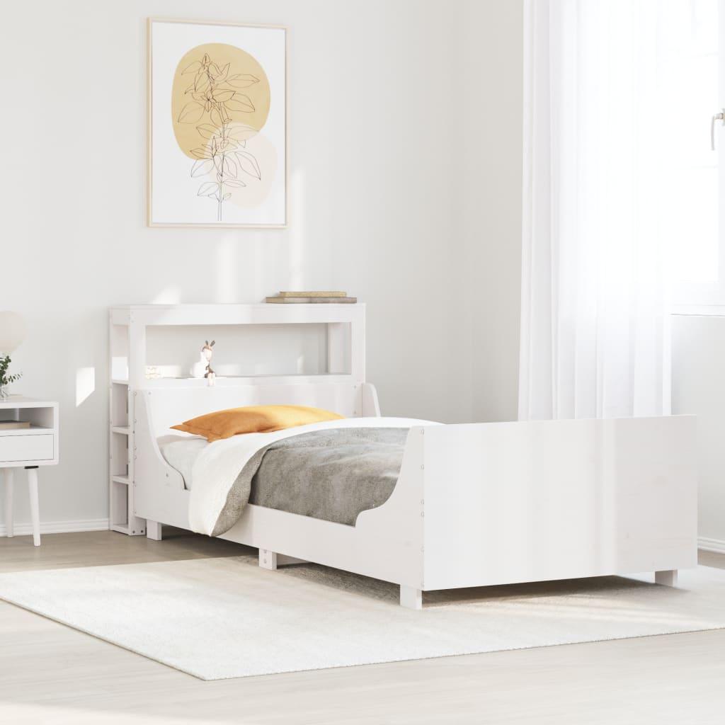 Sengeramme 75x190 cm med sengegavl og hylder - massivt fyrretræ, hvid