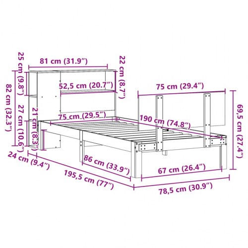 Seng med reol uden madras 75x190 cm i massivt fyrretræ
