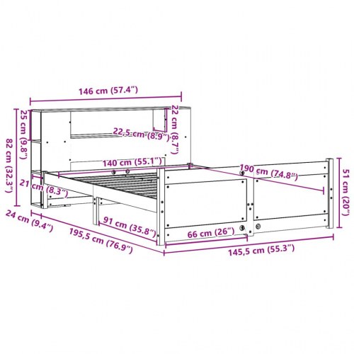 Seng med reol 140x190 cm - massivt fyrretræ, hvid