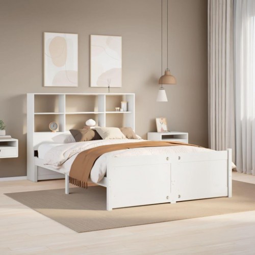 Seng med reol uden madras 150x200 cm massivt fyrretræ hvid
