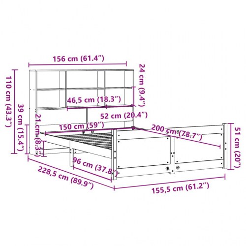 Seng med reol uden madras 150x200 cm massivt fyrretræ hvid