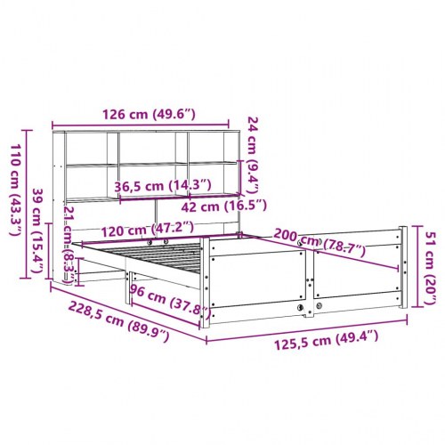 Seng med reol uden madras 120x200 cm massivt fyrretræ