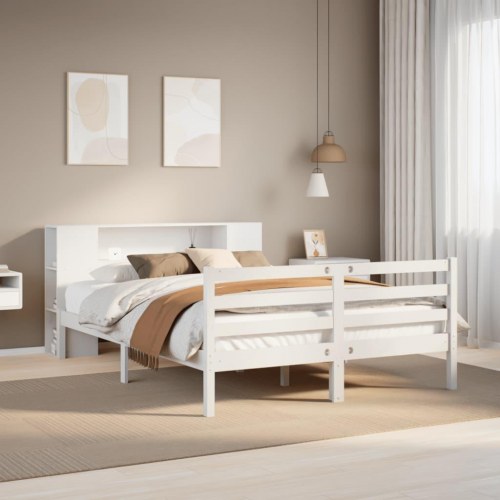 Seng med reol 140x190 cm i massivt fyrretræ - hvid