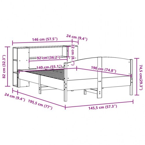 Seng med reol 140x190 cm - massivt fyrretræ, hvid