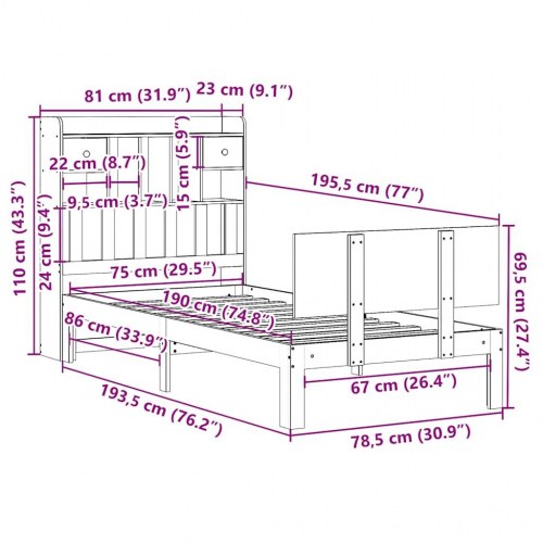Seng med reol 75x190 cm i massivt fyrretræ hvid