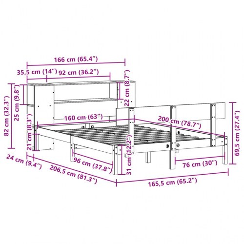 Seng med reol 160x200 cm i massivt fyrretræ - sengeramme med fodgærde og lamelbund