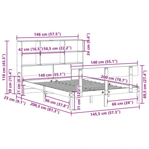 Seng med reol 140x200 cm - massivt fyrretræ, hvid