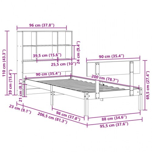 Seng med reol 90x200 cm i massivt fyrretræ - enkeltseng med lamelbund og fodgærde