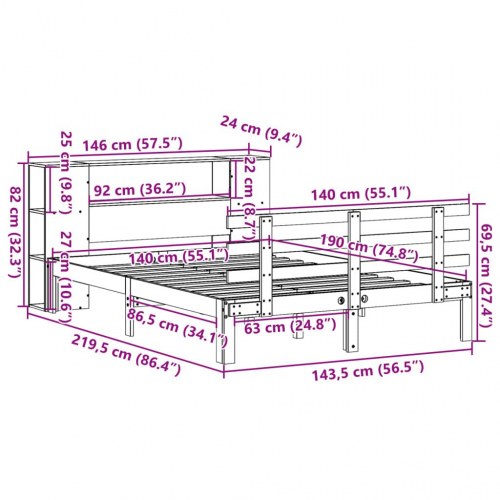 Seng med reol 140x190 cm - massivt fyrretræ, hvid