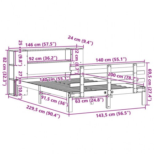 Seng med reol 140x200 cm - massivt fyrretræ, hvid