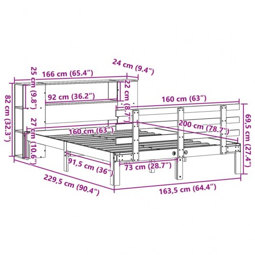 Seng med reol uden madras 160x200cm massivt fyrretræ gyldenbrun