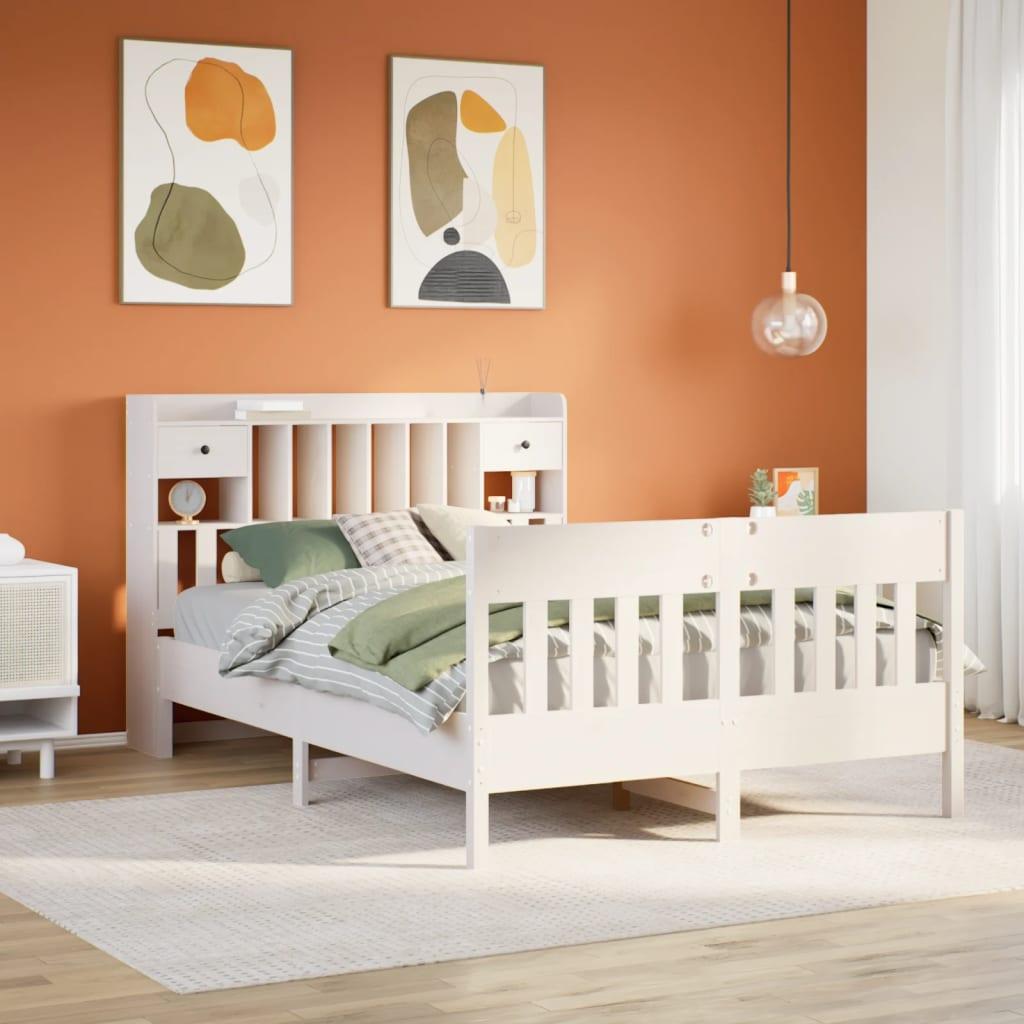 Sengeramme 140x190 cm i massivt fyrretræ - hvid, med sengegavl og opbevaring