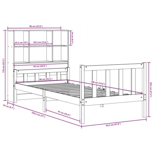 Seng med reol uden madras 90x190 cm massivt træ gyldenbrun