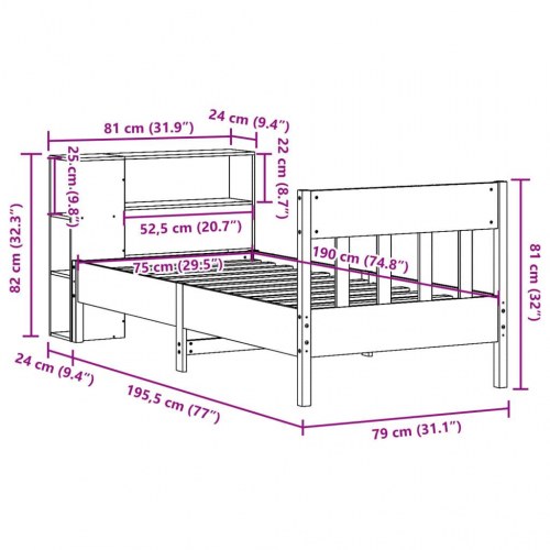 Seng med reol uden madras 75×190 cm i massivt fyrretræ