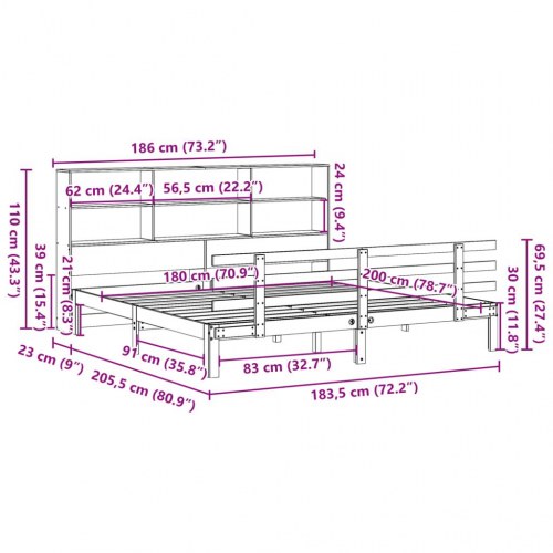 Seng med reol 180x200 cm - massivt fyrretræ, hvid