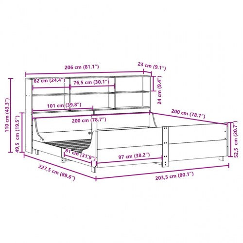 Seng med reol uden madras 200x200 cm massivt træ hvid