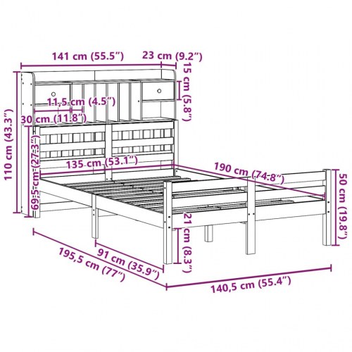 Seng med reol 135x190 cm - massivt fyrretræ, hvid