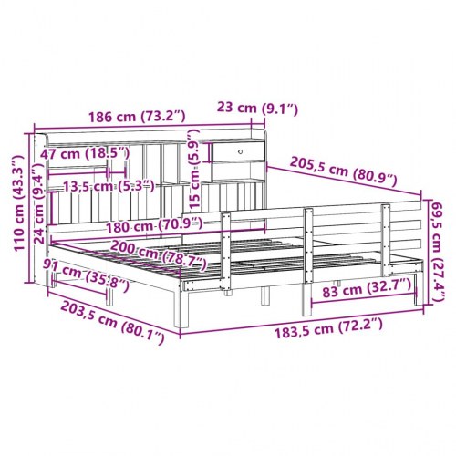 Dobbeltseng med reol 180x200 cm - massivt fyrretræ, hvid