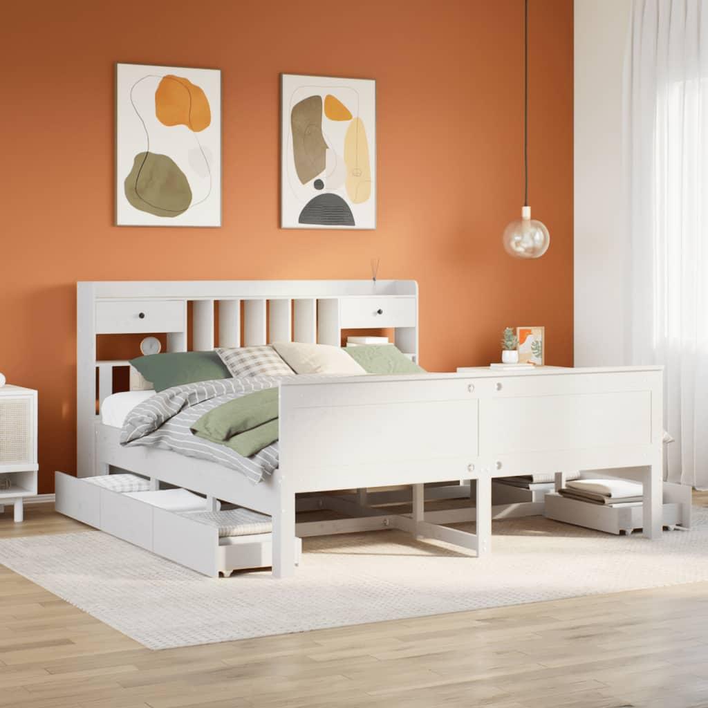Seng med reol uden madras 200x200 cm massivt fyrretræ hvid