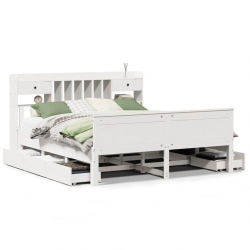 Seng med reol uden madras 200x200 cm massivt fyrretræ hvid