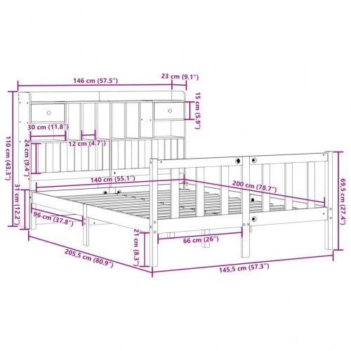Seng med reol uden madras 140x200 cm i massivt fyrretræ hvid