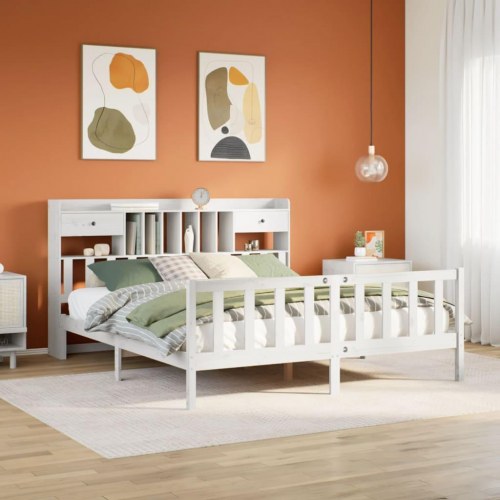 Seng med reol 180x200 cm i massivt fyrretræ - hvid